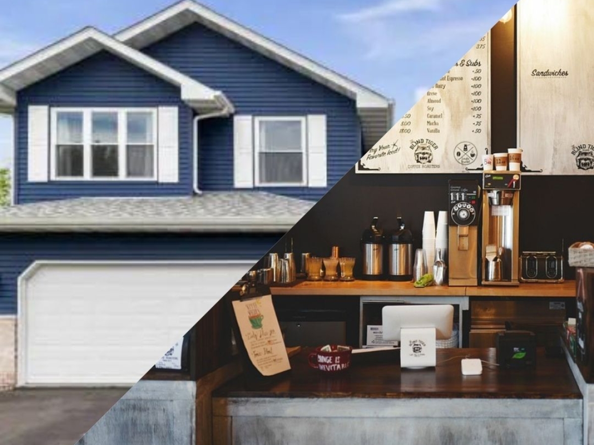 An image that is split between a home and a small business